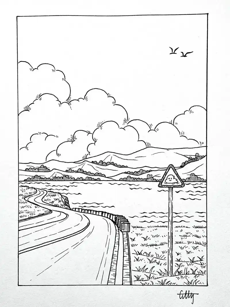 黑白风景钢笔画(71)|云与海7815.#抖音创作季 #风景画  - 抖音