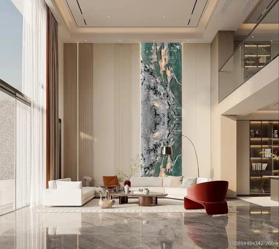 利用高挑空间的开阔感,奢石背景墙与光共舞,随着日光与灯光的变 - 抖