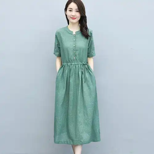 2020夏天新款宽松收腰亚麻裙子中长款休闲文艺过膝棉麻连衣裙女夏
