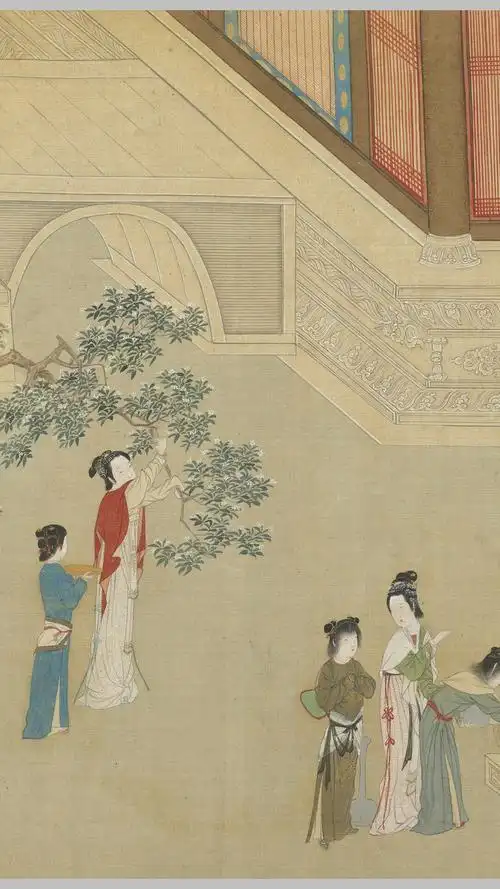 汉宫春晓图.明仇英画.绢本设色.附注释.39951x1923像素.