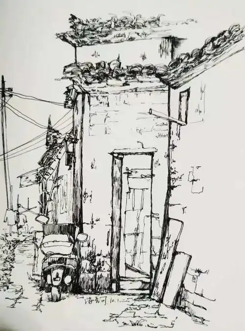 线描 装饰画 创意 黑白 建筑 风景 徽派建筑 吊脚楼 瓦房 民族风 速写