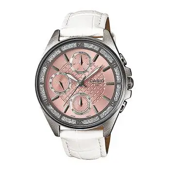 【卡西欧女士手表】卡西欧(casio)手表时尚商务三眼防水白表带粉盘女