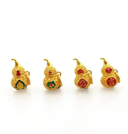 乐泰珠宝新品国潮复古古法黄金花丝掐丝珐琅彩足金葫芦小吊坠包邮