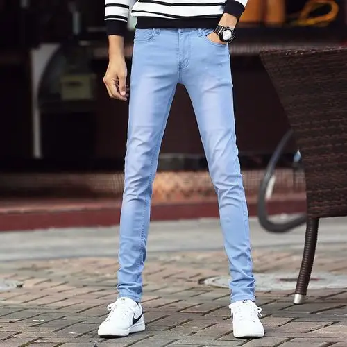 夏季天蓝色牛仔裤男士修身韩版潮流2020浅色小脚裤青年紧身瘦腿潮