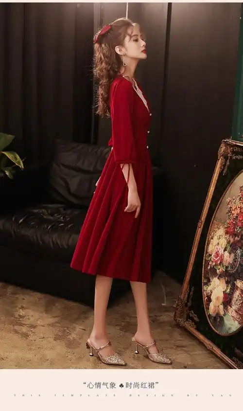 南糖三色敬酒服新娘酒红色连衣裙伴娘平时可穿订婚结婚衣服小个子晚