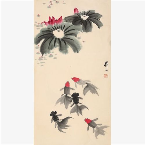 吴作人字画三尺竖幅手绘写意金鱼荷花名人国画送礼装饰赠收藏证书