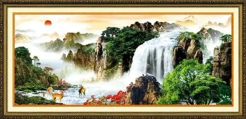 旭日东升精准十字绣风景山水画 款客厅大幅印花十字绣工艺品