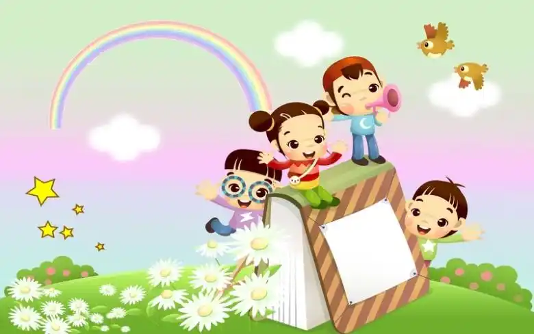 幼儿园招生简章板报可爱卡通草地彩虹背景图