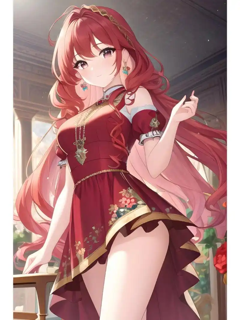 红色高贵连衣裙女子,动漫二次元绘画人物
