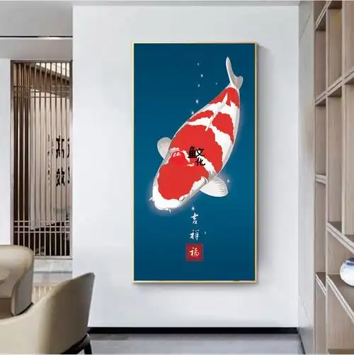 红白锦鲤装饰画客厅平面印刷油画布观赏鱼有框喷绘简约现代单幅