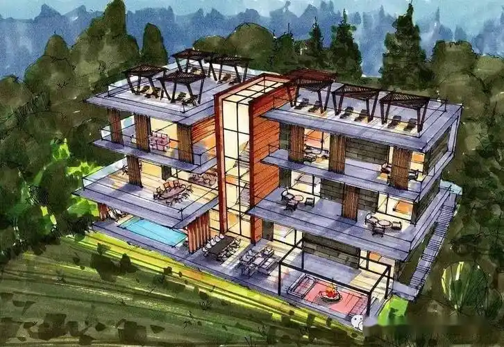 他山之石艺马克笔现代别墅建筑效果图手绘图片很漂亮的上色