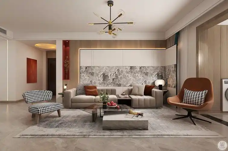 沙发背景墙做l型屏风,灰色的壁纸,更能容纳万物,不管是沙发,展示柜