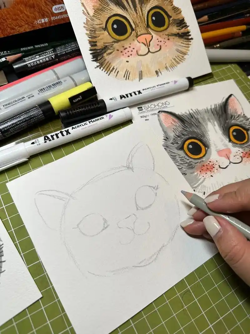 手绘插画动物系列,马克笔猫咪.马克笔画的猫咪插画,色号都标记 - 抖音