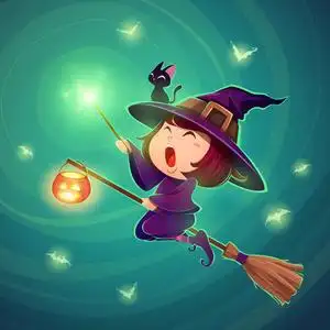 女巫魔杖万圣节的小女巫.穿着万圣节服装的女孩拿着魔杖,矢量插图.