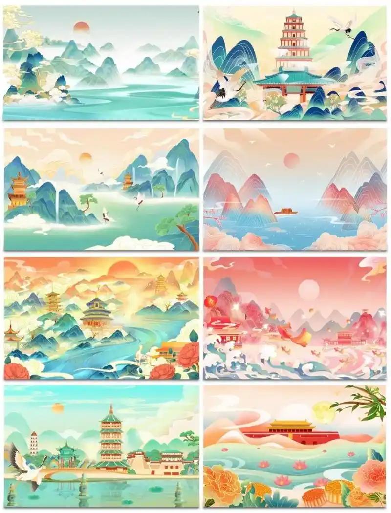 国潮元素国潮山水背景等插画素材