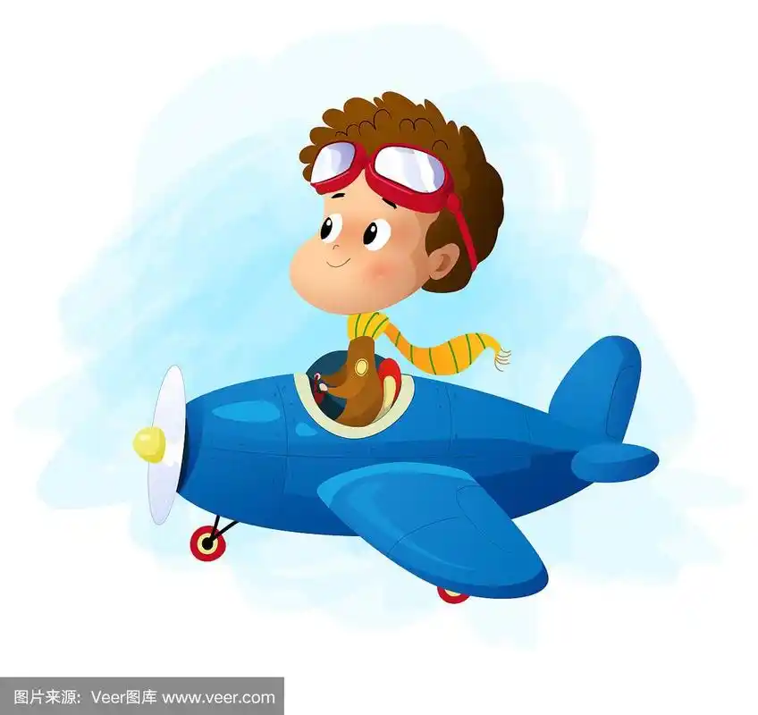 一个卡通男孩在驾驶飞机.