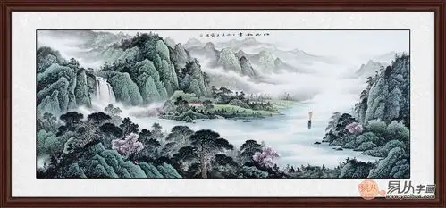 王宁国画六尺横幅青绿聚宝盆山水画作品《江山如画》