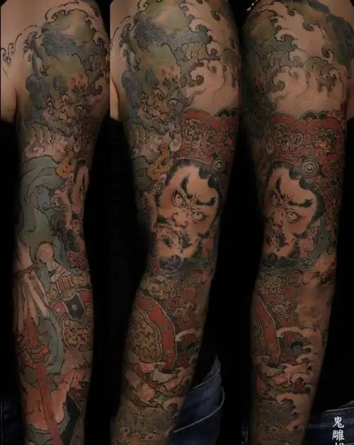 多闻天王纹身图片_手臂新传统水墨中国风人物纹身图案