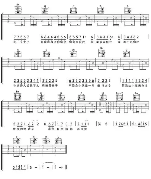 野孩子吉他谱_杨千嬅_《野孩子》d调原版弹唱六线谱_高清图片谱