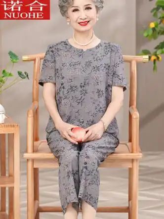 诺合奶奶装夏装套装大码妈妈装夏季短袖t恤裤子两件套中老年人衣服女