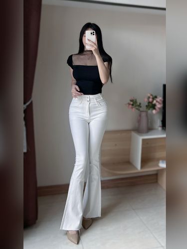 2022新款好纯欲韩国女主ins白色喇叭牛仔裤女修身高腰显瘦拖地裤