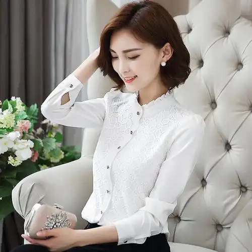 新款春款白色长袖立领衬衫衣女土加绒带保暖衬衫