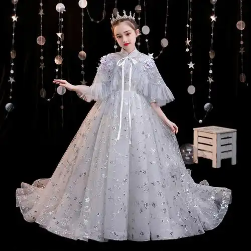 女童拖尾礼服高端走秀钢琴演奏演出服儿童主持人小女孩公主裙洋气