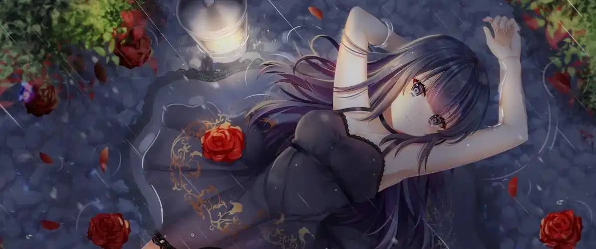 二次元女子黑连衣裙水花瓣3440x1440动漫壁纸