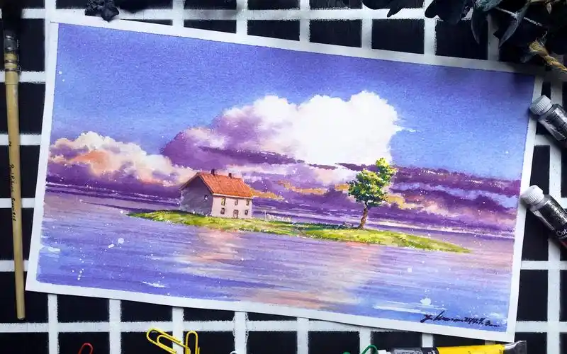 【水彩教程】水彩手绘过程风景画宫崎骏千与千寻大海礁石海浪天空系列