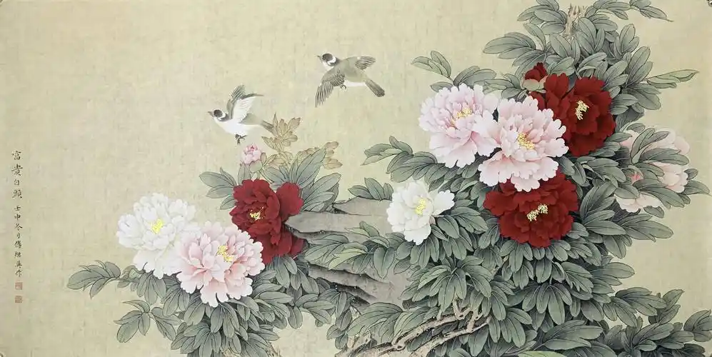 傅继英八平尺横幅工笔牡丹花鸟图《富贵白头》 壬申冬月作_人们_花之
