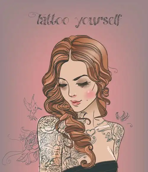 抽象矢量美丽的纹身女人创意插图