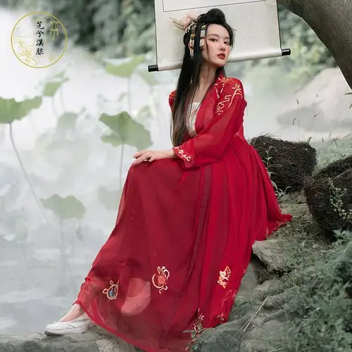 芫兮春夏古装民族姐妹闺蜜红蓝汉服裙襦腰衫汉服
