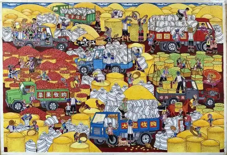 云南农民画创作者金牛作品《丰收》/来源:人民日报一撇一捺2021.9.