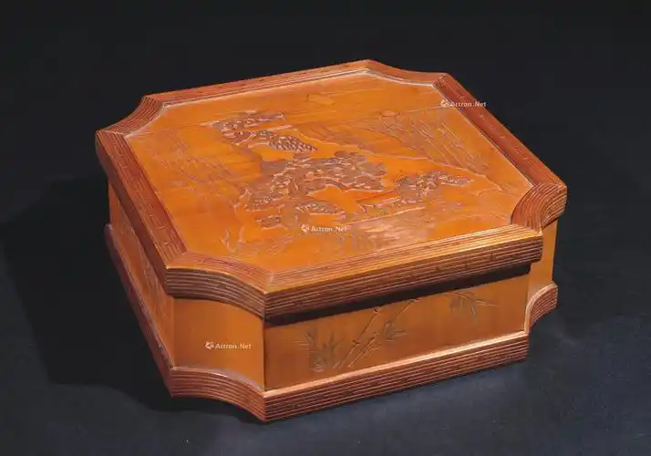 0134 清 竹贴簧山水人物方盒