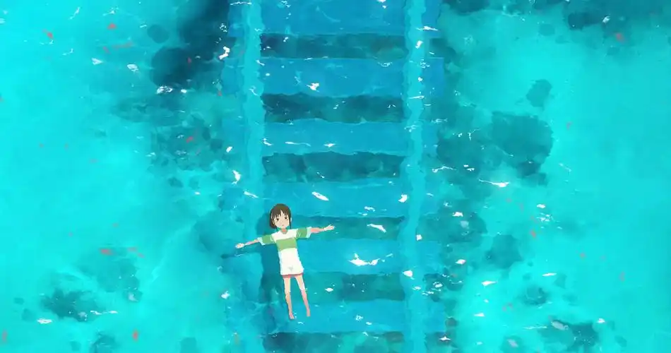 《千与千寻》的精美同人壁纸,画面主角小千仰躺在海上列车道的水面上