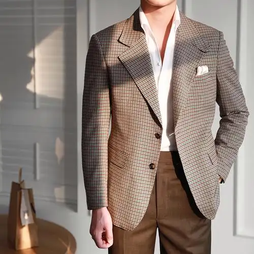 休闲西装男士商务百搭复古精致经典单排绿格西服