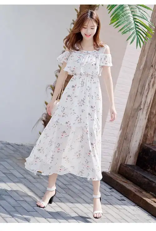 碎花连衣裙女夏2019新款小清新温柔超仙收腰显瘦过膝雪纺沙滩长裙