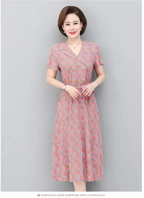 旗舰官方店新款时尚40-50岁中长款过膝裙子洋气中年妈妈夏装连衣裙