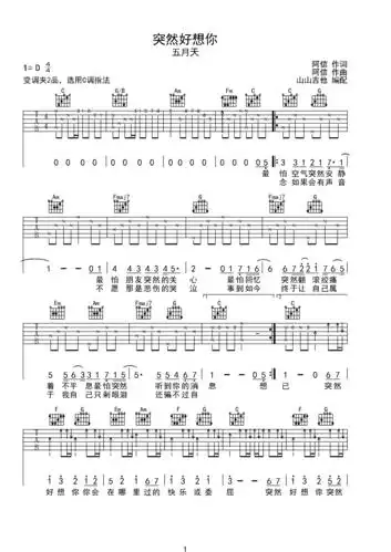 五月天《突然好想你》带前奏间奏原版吉他谱c调六线吉他谱-虫虫吉他谱