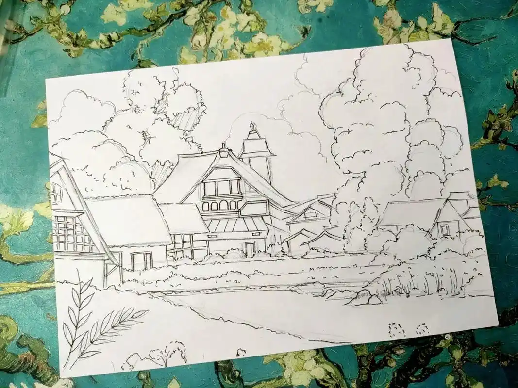 马克笔风景画《宫崎骏动漫场景》线稿