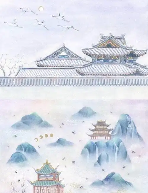 水彩手绘,复古的古风风景插画