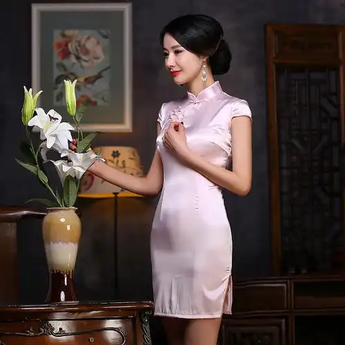 2016新款纯色丝绸旗袍裙 复古时尚改良