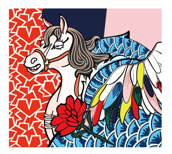 的碰撞 复古而不失新潮 在鲜嫩的红粉蓝上 颇具童趣的龙马与玫瑰花 都