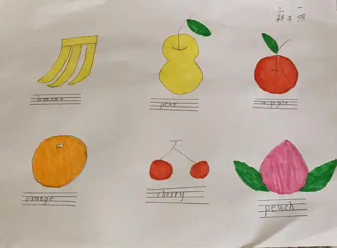 三年级趣味英语(水果类) 写美篇  本周英语实践作业,用图画本画一些