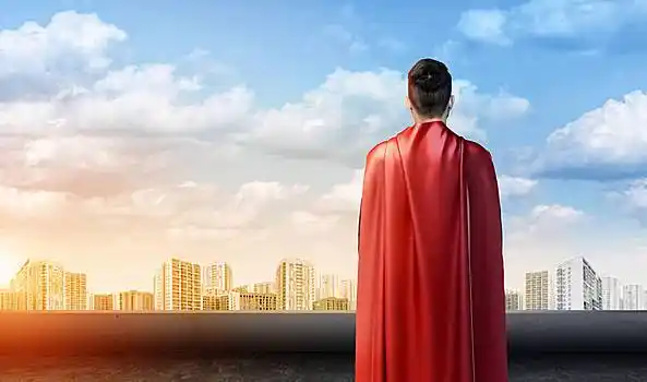商务人士,超人,斗篷,站立,背影,天空,背景,城市,仰视,商务,英雄,自信