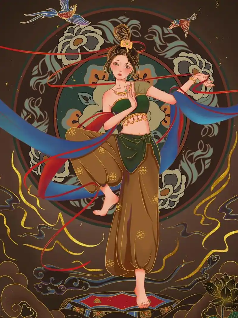国风插画|敦煌飞天少女 《反弹琵琶》是敦煌壁画《无量寿经变》的局部