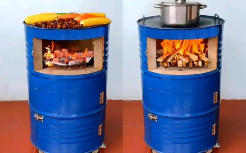 小伙用废弃的铁桶制作了一个多功能柴火灶,真是太厉害了