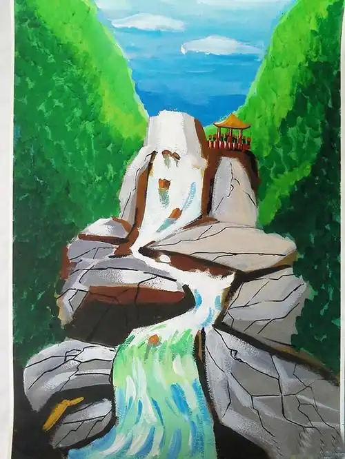 儿童画亭子瀑布写生风景画/水彩画图片