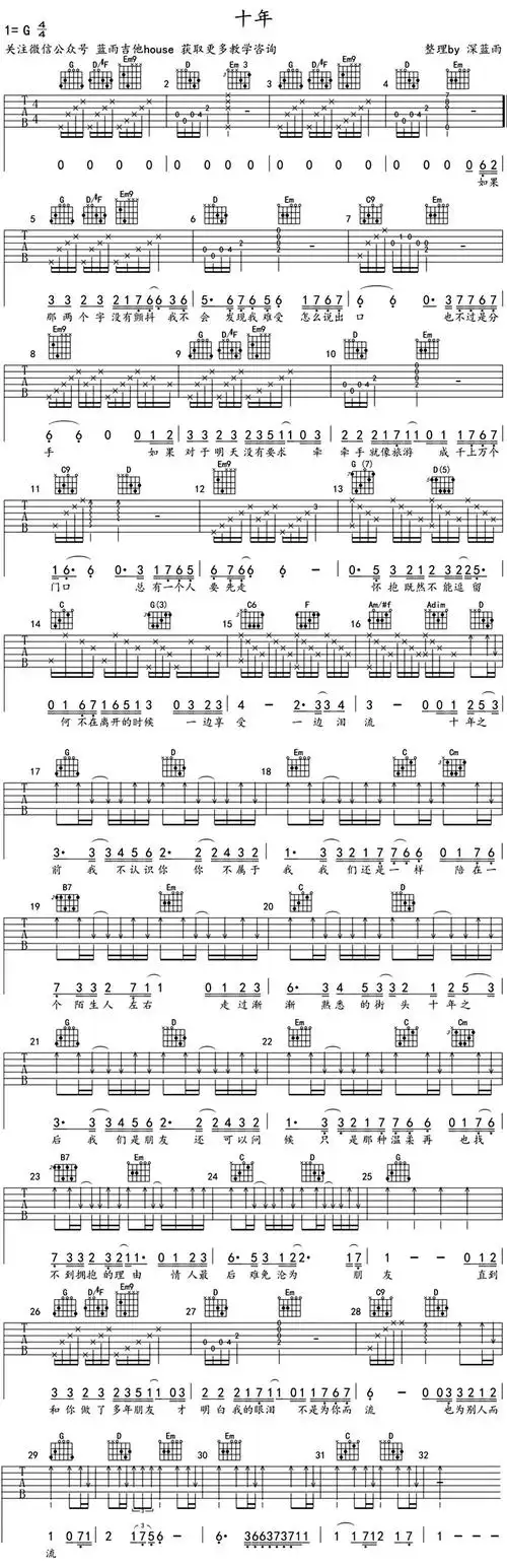 陈奕迅《十年》吉他谱_g调和弦指法_六线谱_图片谱子_深蓝雨弹唱教学