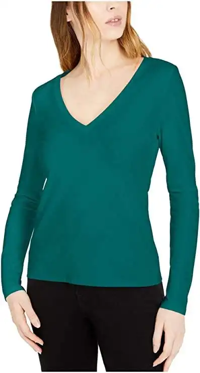 inc 女式青色纯色长袖 v 领 t 恤上衣尺码 m